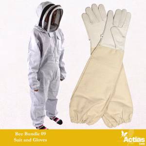 Actiasbee Beekeeping Suit & Leather Gloves Bundle – Heavy Duty 280gsm Bee Suit with Detachable Veil, Protective Gauntlet Gloves & Multiple Sizes