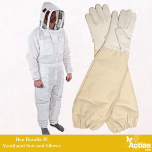 Actiasbee Ventilated Bee Suit & Leather Gloves Bundle – 3 Layer Mesh Beekeeping Suit with Detachable Fencing Veil & Protective Gauntlet Gloves