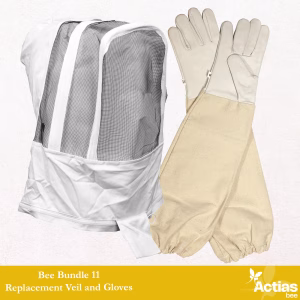 Actiasbee Beekeeping Gloves & Replacement Veil Bundle – Leather Beekeeper Gloves with Cotton Sleeves & Detachable Bee Suit Veil – Multiple Sizes